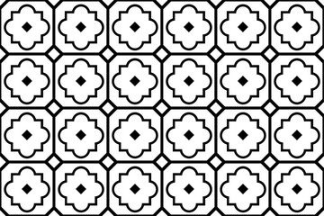 A seamless black and white geometric pattern inspired by traditional Moroccan tiles. Featuring floral-like shapes within octagonal frames, this pattern is perfect for use in textiles, wallpapers