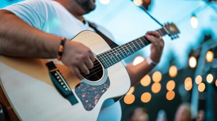 Fototapeta premium Close-up of a musician playing acoustic guitar on stage.