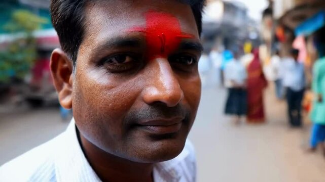 Close-up Portrait of Indian Man with Tika on Forehead