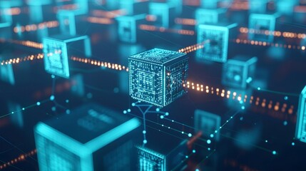 Fototapeta premium Blockchain technology illustration featuring interconnected digital blocks and data streams in a futuristic design with copy space
