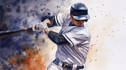Watercolor painting of a baseball player swinging a bat.