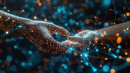 Hand touching an abstract digital network connection line and data transfer concept with a blue background. High-quality photo, professional photography, Lightroom gallery, Behance, Unsplash, and Unsp