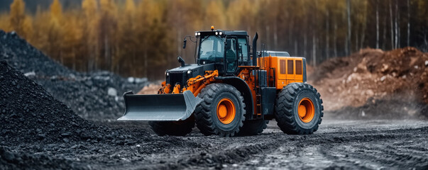 A large orange and black heavy construction loader moving coal at a mining or construction site, with a forest background.