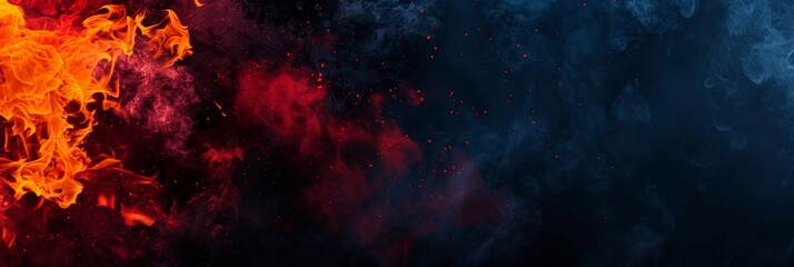 Fototapeta premium Fiery orange and red flames engulf the left side of the image, contrasting with a dark blue smoke cloud on the right.