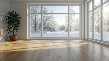 Fototapeta premium An empty living room with a beautiful wooden floor and large window with a winter landscape view