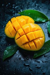 Mango cut in half on black surface