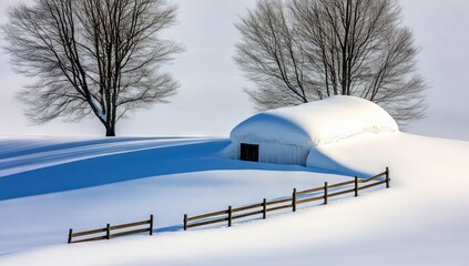 Cozy little snow house nestled in snowy landscape with soft sunlight filtering through trees