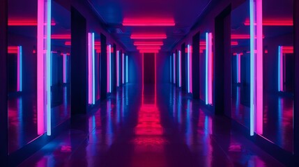 Fototapeta premium Neon lights illuminate a long, reflective corridor, creating a mesmerizing and futuristic atmosphere.