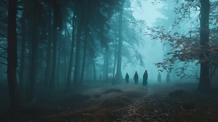 Fototapeta premium Ghostly figures and witches in a misty forest, creating a spooky and mystical Halloween scene perfect for capturing the holiday spirit