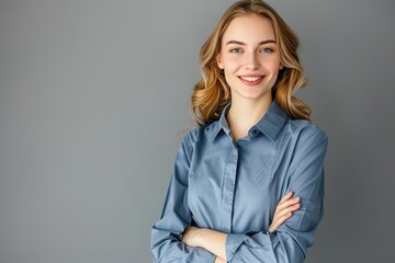 Smiling young woman with blonde hair wearing a blue shirt against a gray background.