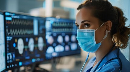 Female doctor wearing a mask looking at a computer screen with medical data.