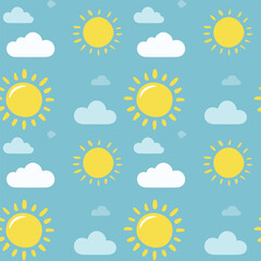 Seamless pattern with yellow sun and white cloud on blue background. Pattern for your design: wrapping paper, wallpaper, cover, postcard, gift paper, pattern fills, textile. Vector illustration.