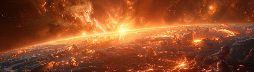 Helios, the sun god, as a nuclear fusion core, illuminating a network of solar powered cities