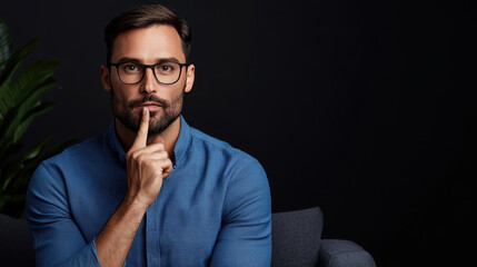 Portrait of a thoughtful man wearing glasses, resting his finger on his lips in a dark background, contemplating quietly.