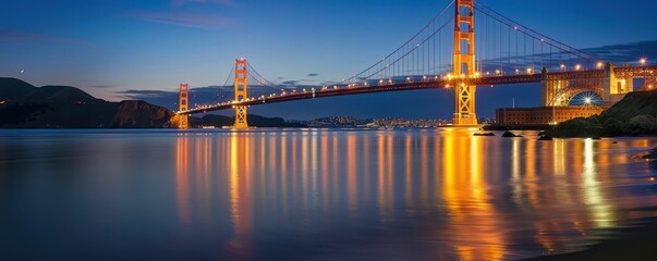Fototapeta premium A suspension bridge illuminated at night, reflecting in the water.