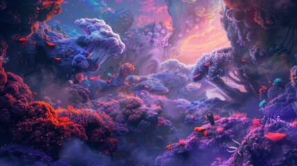 A surreal landscape with vibrant colors and otherworldly formations.  The scene is full of mystery and wonder.