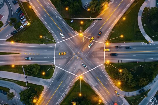 Aerial view of a four-way intersection with traffic at dusk.