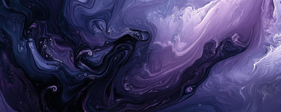 Liquid paints in dark, moody colors like deep purple, midnight blue, and charcoal, flowing together with a glossy texture that adds depth and drama.