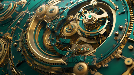 Obraz premium Clock background, generative, ai, machine, mechanical, green,, gold. Mechanical Clock. Illustration