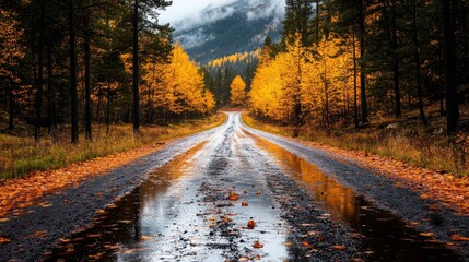 Obraz premium Autumn Road Through Forest With Golden Trees And Puddles