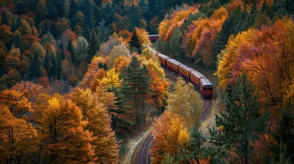 A train winds through a colorful autumn forest.  The train's red cars contrast with the vibrant foliage.  A scenic aerial view.