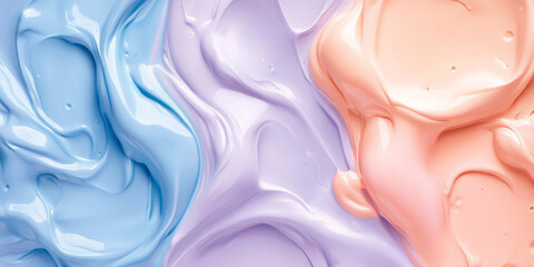 Liquid paints in soft pastel hues of baby blue, peach, and lavender, blending gently with a matte, smooth texture for a light, dreamy effect.