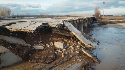 Infrastructure collapse, showing a broken bridge over a river, aftermath of an earthquake powerful tremors