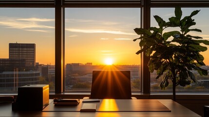 Fototapeta premium Sunrise Office Desk View Cityscape Golden Hour