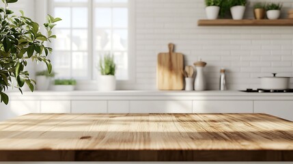 Fototapeta premium Kitchen Countertop with Plant and Blurred Background