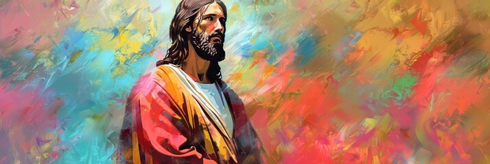 Fototapeta premium Jesus Christ set against an abstract, colorful background A digital painting using vibrant hues to convey his divine presence