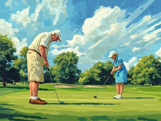 Senior couple putting on golf course on sunny day