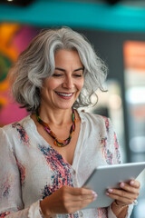 Middle-aged Brazilian businesswoman smiling while using her tablet in a vibrant, contemporary office with unique design elements.