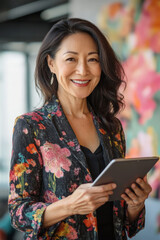 Middle-aged Japanese businesswoman smiling while using a tablet in a contemporary, creative office space with vibrant decor.
