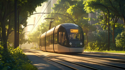 Naklejka premium Eco-friendly futuristic sleek tram gliding on city tracks under the morning light, flanked by green trees. Futuristic Vehicle. Illustration