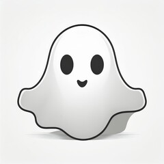 Fototapeta premium Minimalist Cartoon Ghost Illustration with Floating Sheet, Large Black Eyes, and Shaded Monochromatic Design on a White Background, Halloween Spooky Themed Digital Projects Vector Logo