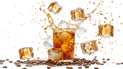 Iced coffee splash with ice cubes and coffee beans bouncing in the air, creating a dynamic and energetic scene, isolated on a white background