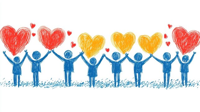 illustration of hand-drawn figures with interconnected hearts, symbolizing teamwork and unity, ideal for banners and concept representation