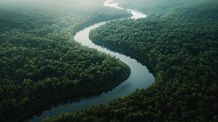 Aerial view of a winding river through a dense forest, showcasing natural beauty.