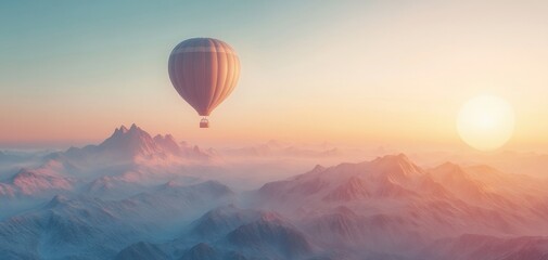 Fototapeta premium A serene hot air balloon floats over misty mountains at sunrise, capturing the beauty of nature and adventure.