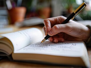 Macro view of a hand writing a limerick in a notebook, highlighting the creative process and poetic flair, ideal for literary themes