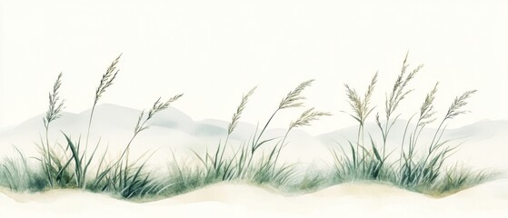 A serene illustration of graceful grass swaying in a gentle breeze, set against a soft, dreamy background.
