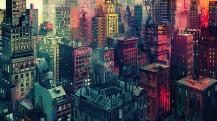 A vibrant cityscape with colorful buildings and a touch of fog, creating a dreamy and abstract atmosphere.