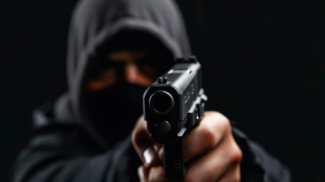 Man holding a gun in a dramatic stance Represents a robbery or confrontation with copy space