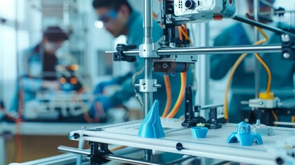Close-up of a 3D printer in operation, with a blue plastic object being printed.