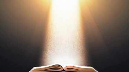 open book illuminated by a powerful beam of light from above, symbolizing knowledge, enlightenment and inspiration