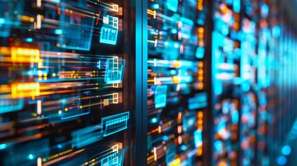 Abstract server rack with glowing lights and digital data streams.