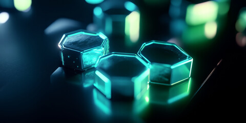 Neon hexagons with a glowing crystalline texture, illuminated in vivid green and blue, floating above a sleek, polished black surface with sharp reflections.
