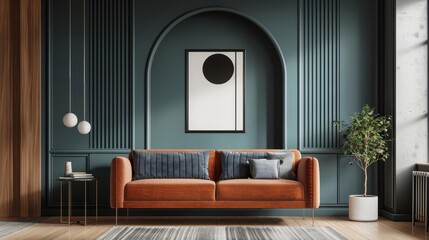Modern living room interior with orange sofa and abstract art.