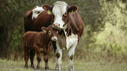 Mother Cow and Calf in a Lush Pasture