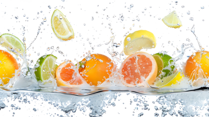 Citrus fruits, including lemons, limes, and grapefruits, falling into a splash of water, with droplets flying in all directions, isolated on a white background